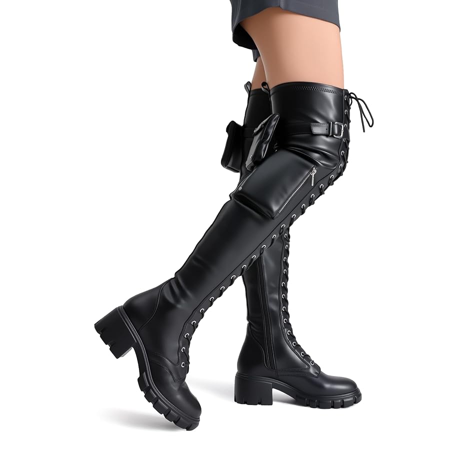 Amazon.com | JustFab Thigh High Boots for Women Black Faux